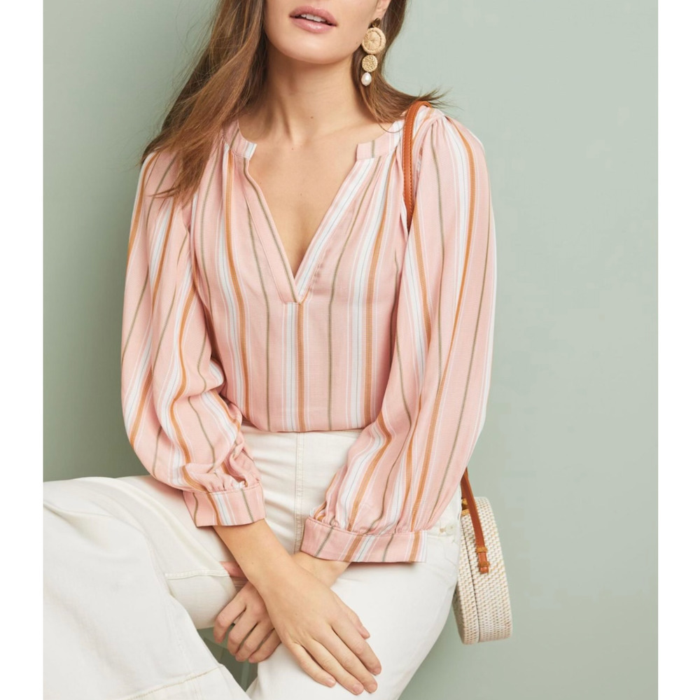 Anthropologie Maeve Brenda Peasant Top‎ Blouse in Pink Stripes, Size XS